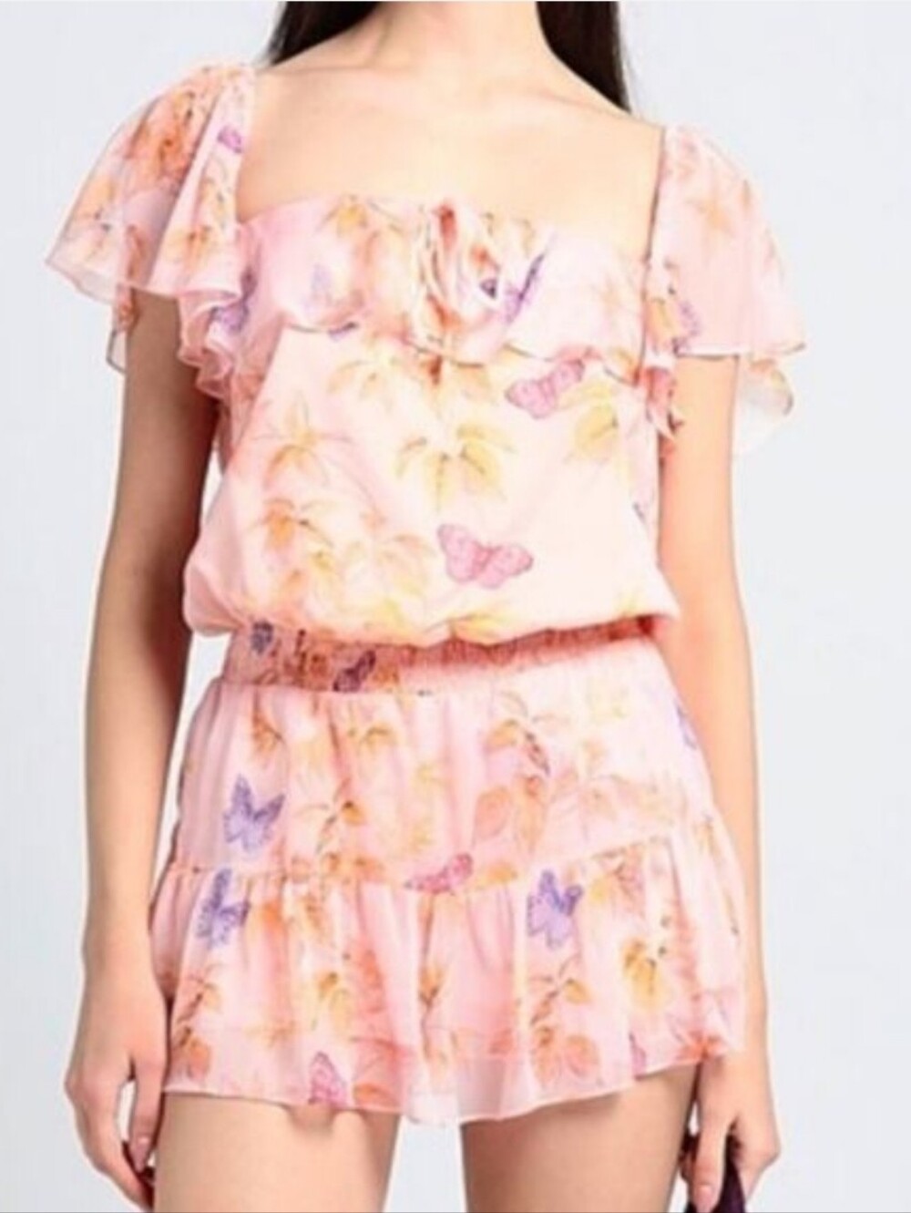 Amanda Uprichard Pink Butterfly Print Ali Flutter Sleeve Romper Size Large
